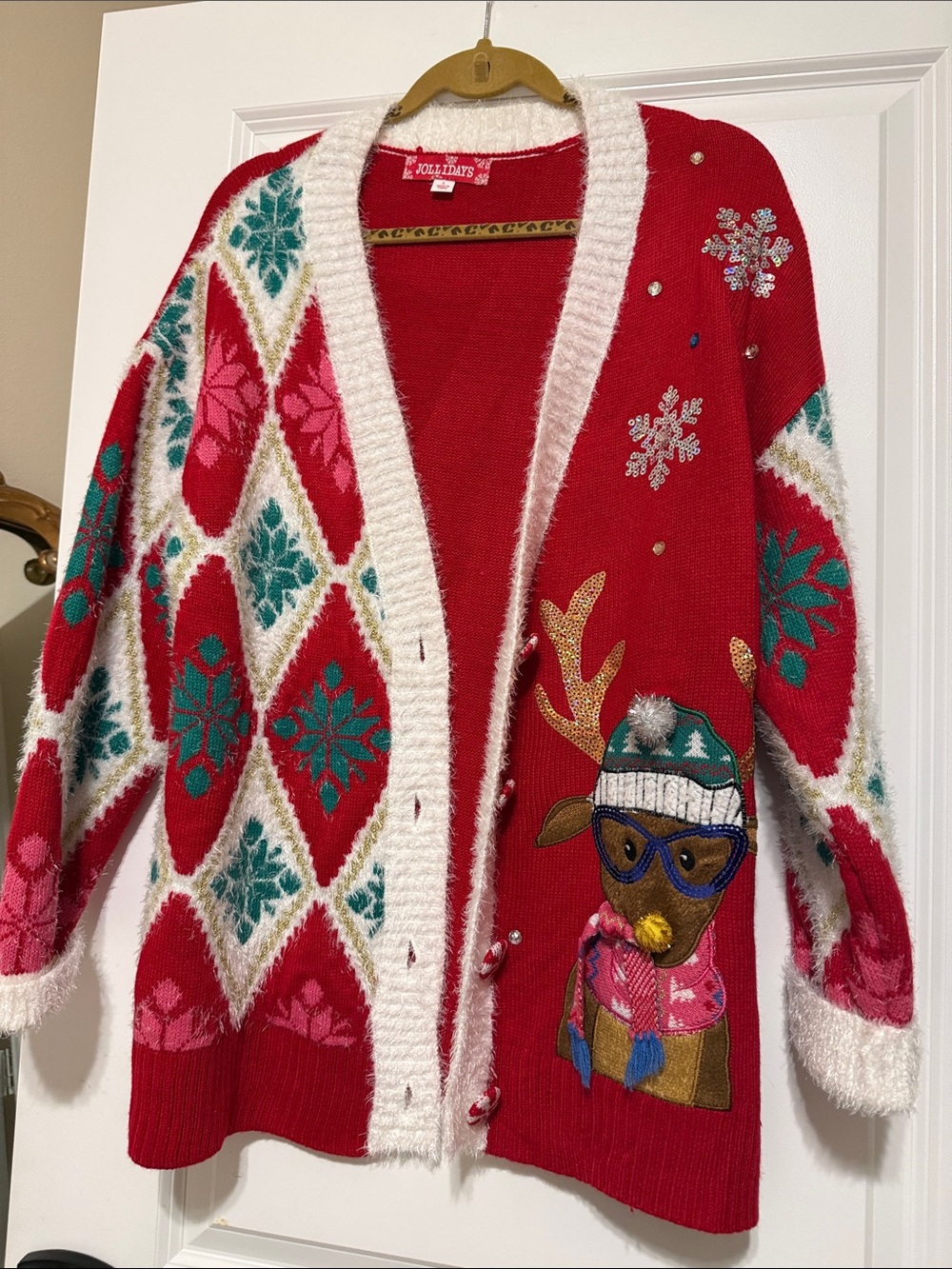 Festive Red Embellished Reindeer Cardigan Sweater